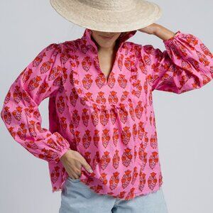 THML Blossom Frayed Hem Bold Pink Red Floral Print Cotton Top Women's size S